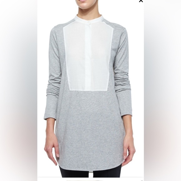 Vince Tuxedo Inset Mixed Media Knit Tunic Top in Heather Grey/White, Size S - Picture 1 of 16